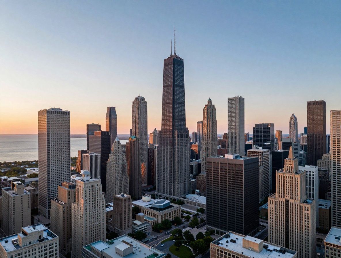 Панорамный вид с террасы элитного пентхауса в Чикаго с видом на небоскрёбы и озеро Мичиган на закате