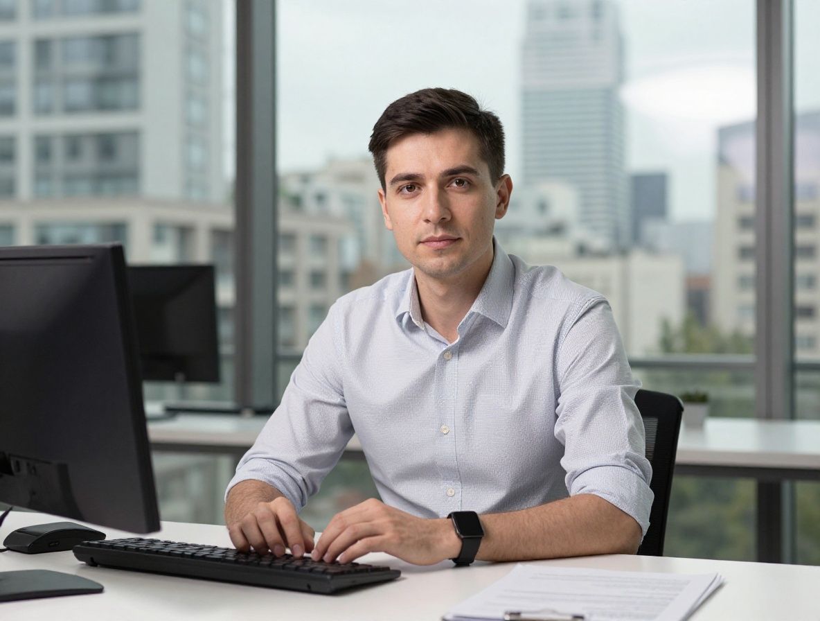 Мужчина-аналитик в белой рубашке сидит за рабочим столом с видом на город через большое окно, профессиональный портрет