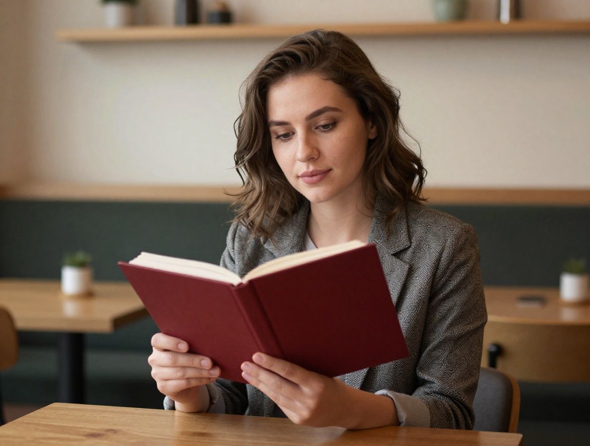 Молодая женщина-журналист с блокнотом, сидит в стильном кафе, натуральный свет, профессиональный портрет