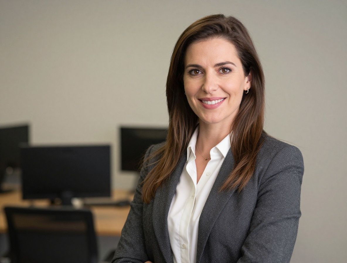 Женщина-редактор в деловом костюме в светлом офисе, уверенная улыбка, профессиональный портрет